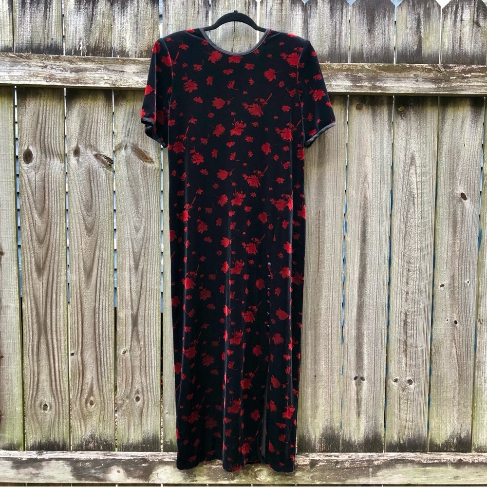 Vintage 90s Velvet Midi Dress Another Thyme Red & Black Cheongsam Short Sleeves